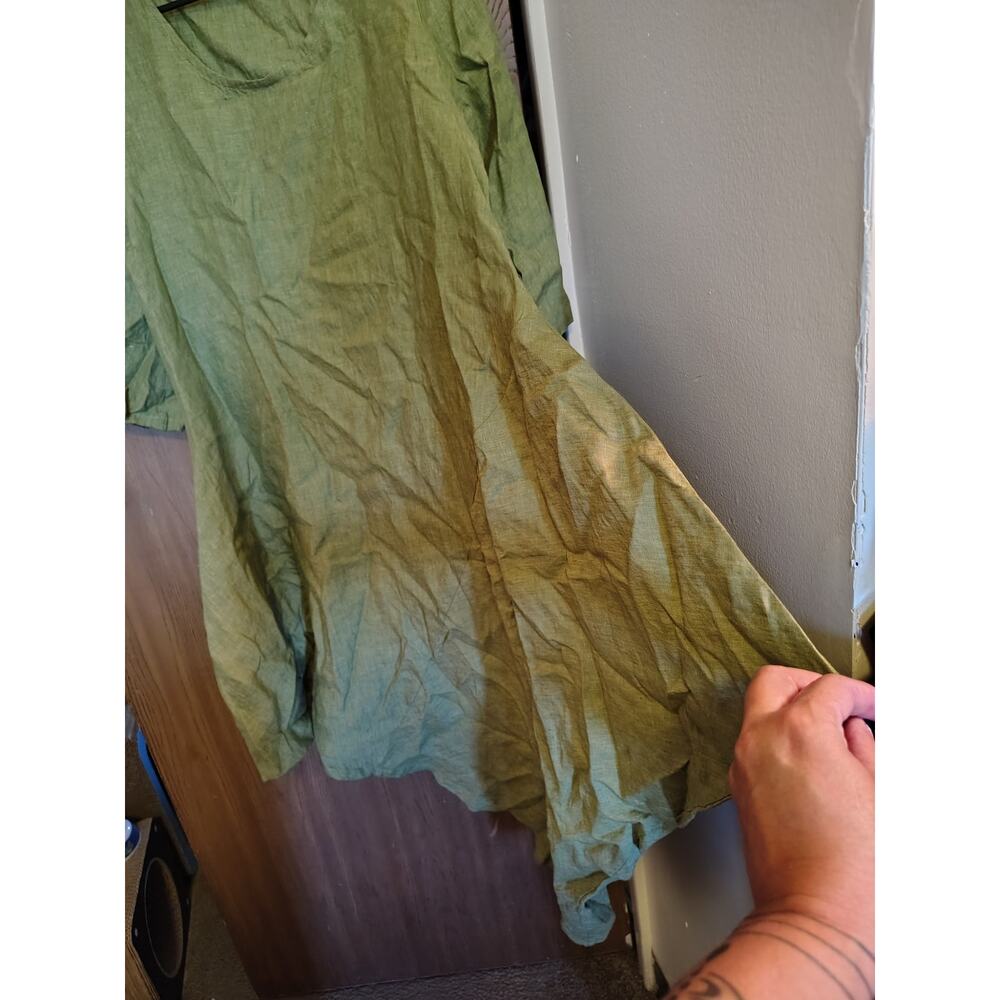 Bryn Walker Green Linen Dress tunic Asymmetrical Hem Lagenlook MidSleeve Loose M - Picture 7 of 11